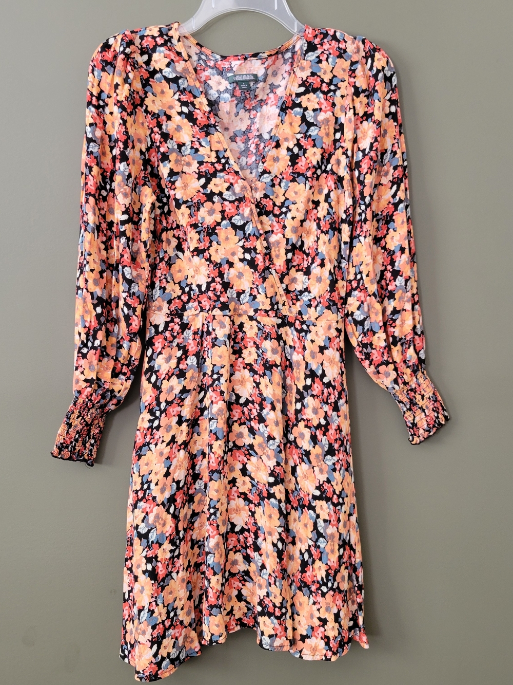 wild fable Autumn Peach and Black Floral Long Sleeve Boho Faux Wrap Dress